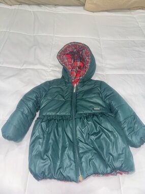 Mayoral Teal Hooded Puffer Coat with Red Plaid Lining